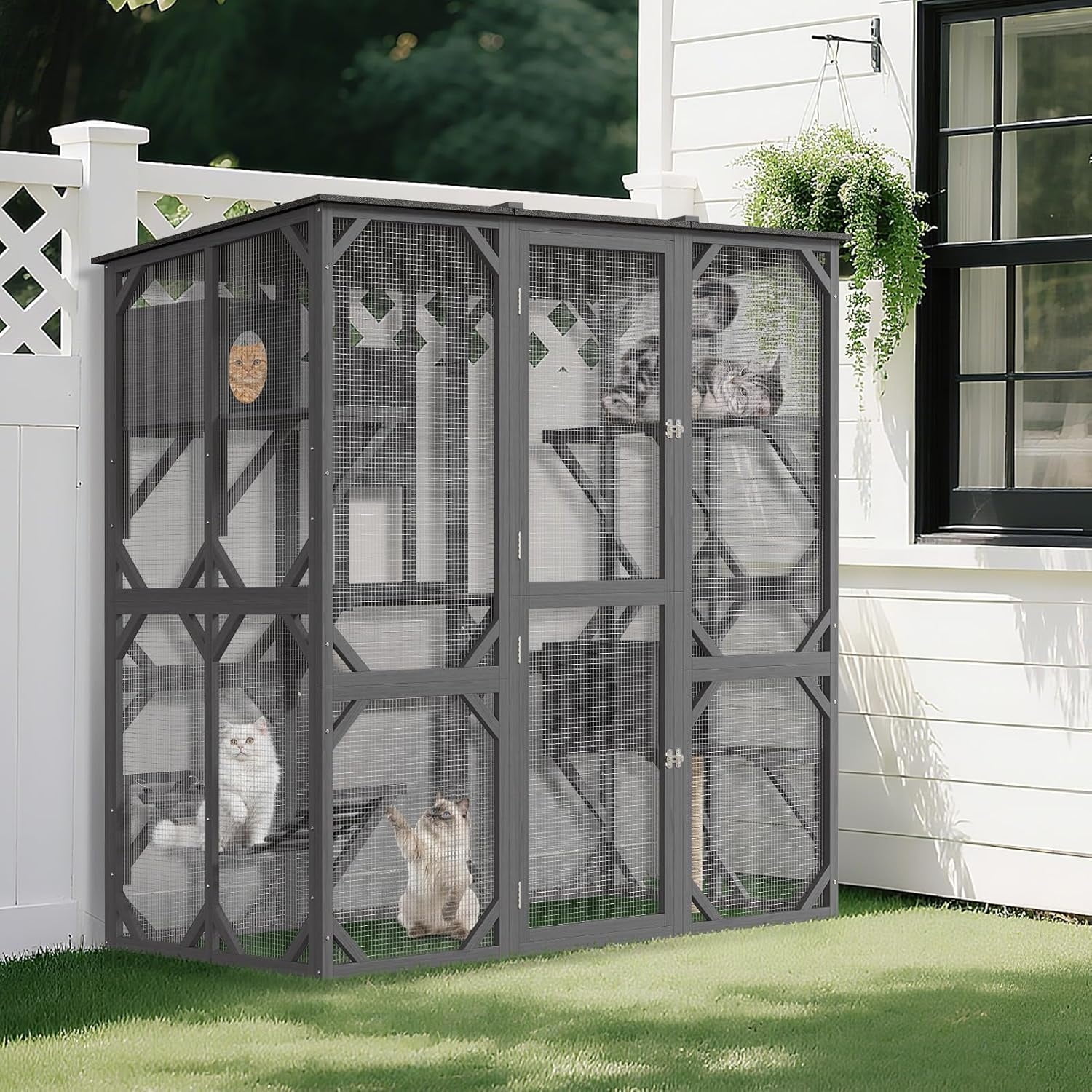70'' Outdoor Cat Enclosure, Large Walk-in Catio Outdoor Cat Enclosure with Window, 4 Jumping Platforms & 2 Resting Box, Wooden Cat House Indoor with Scratching Post & Hammock, UV Resistant