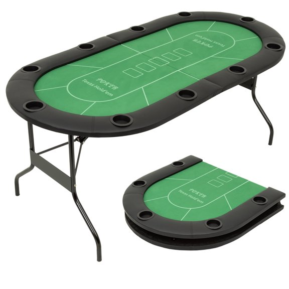 70" Oval Foldable Poker Table,Texas Hold'em Blackjack Table for 10 Players,Green,Steel Legs & Cup Holders