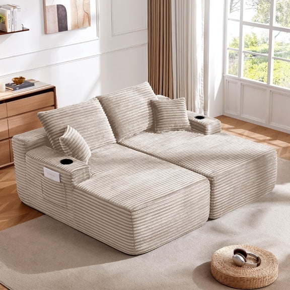 70" Oversized Double Chaise Lounge Chair, Upholstered Boneless Cloud Couch with Cup Holders, Deep Seat Sleeper Loveseat Chair for Living Room, Beige