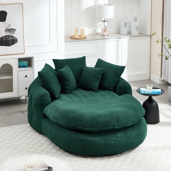 70" Oversized Oval Upholstered Bean Bag Sofa with Pillows,  Chenille Fabric Bean Bag Sofa with Wrap Around Backrest, Modern Comfy Cloud Couch for Living Room Apartment, Emerald