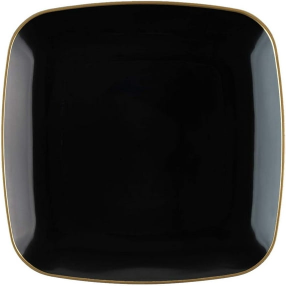 (70 PACK) EcoQuality 7.25" inch Disposable Square Black Plastic Plates with Gold Rim, China Like Party Plates, Heavy Duty Dessert Plate, Salads, Weddings, Baby Showers, Catering, Non Toxic