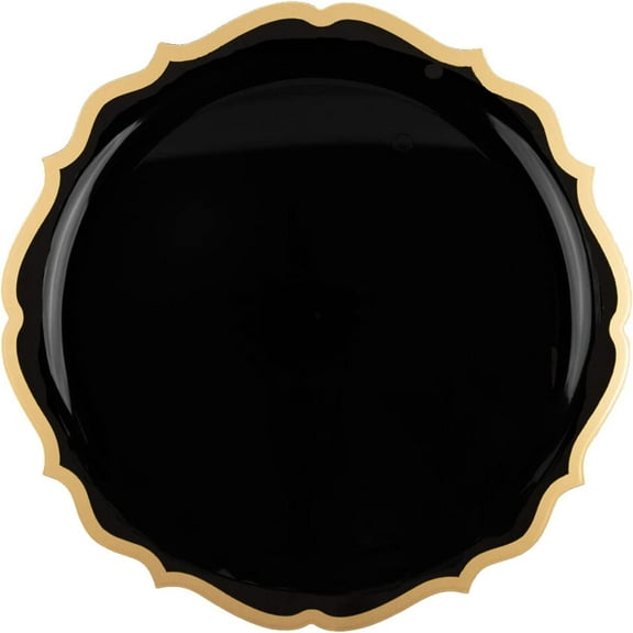 (70 PACK) EcoQuality 7.5" inch Round Black Plastic Plates with Gold Rim Modern Design - Heavy Duty Large Disposable Charger Dinner Plate Weddings, Salad Plate, Tableware, China Like Party Plates
