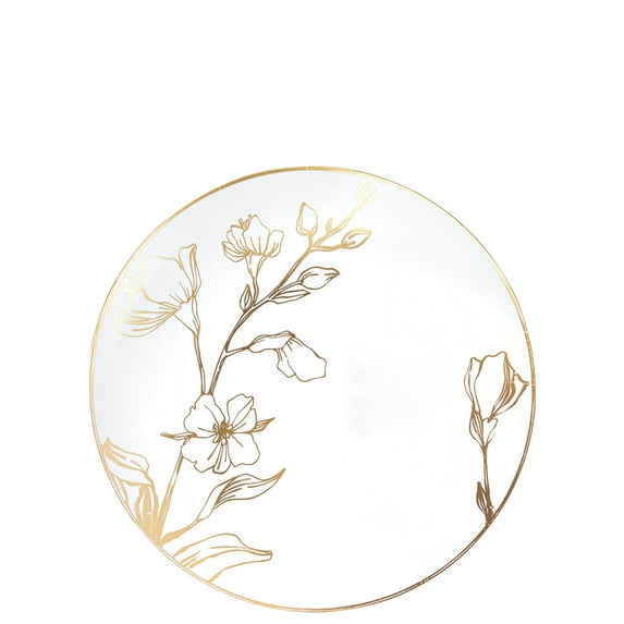 (70 PACK) EcoQuality 7.5" inch Round White Plastic Plates with Gold Floral Antique Design - Disposable China Like Party Plates, Heavy Duty Salad Plates, Dinner Plate, Dessert, Wedding, Serveware