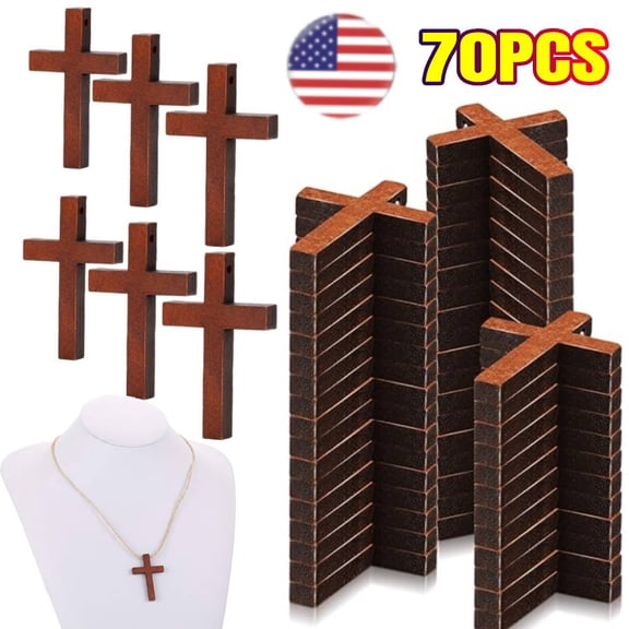 70 PACK Unfinished Small Wooden Crosses with Gold String for DIY Crafts, Wood Cross Ornaments for Easter Tree (1.73 x 1.1 In)