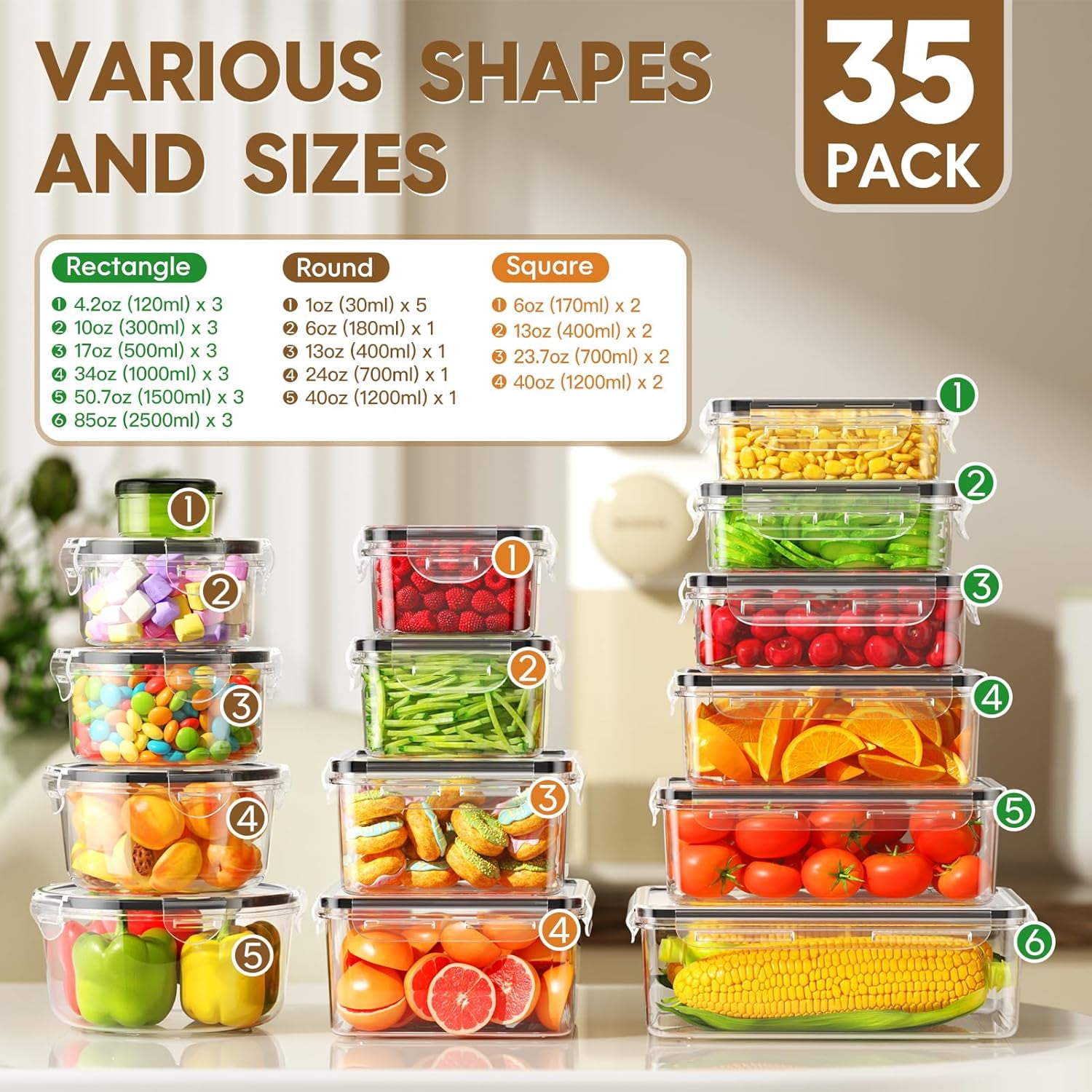 70 PCS Food Storage Containers with Lids Airtight Leak Proof Meal Prep Set BPA-Free Plastic Microwave Safe