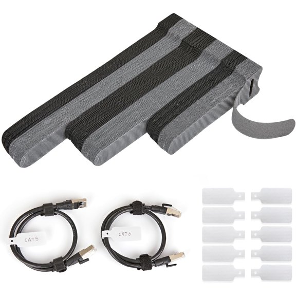 70 PCS Reusable Cable Ties with Hook and Loop, Multi-purpose Adjustable Cable Management Wire Ties & 10 PCS Cable Labels, Cord Organizer for Home, Office and Data Centers (Black+Grey)