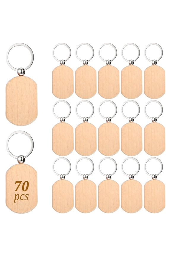 70 PCS Wooden Keychain Blanks, Wood Engraving Blanks Key Chain, Unfinished Rectangle Round Wood Key Tag