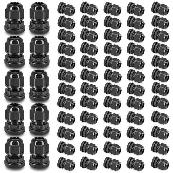 70 PK NineLeaf Waterproof Cable Glands Joints Adjustable Locknut for 6-12mm Cable Diameter ,M20x1.5 Black Compression Nylon Cable Connectors,20mm Diameter Titting Hole Glands, IP66 for Outdoor Use