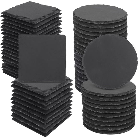 70 Pack 4 Inch Slate Coasters, Square & Round Black Stone Coasters with Anti-Scratch Bottom, Ideal for Home Decor, Bar, Housewarming Gifts, and Laser Engraving KUKLIPJIM