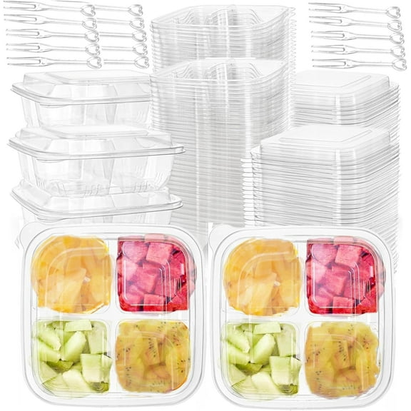 70 Pack Clear Bento Boxes 4 Compartment, Disposable Lunch Snack Containers with Lid, Food Storage Meal Prep Divided Containers with 200 pcs Fork for Camping, Lunch, Work, Travel