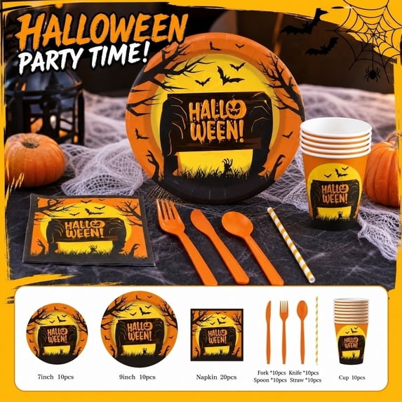 70 Pack Halloween Party Supplies, Halloween Party Plates Napkins Cups Plastic Cutlery Set, Spooky Halloween Decor for Halloween Table Decor, for Home Halloween Party Gatherings