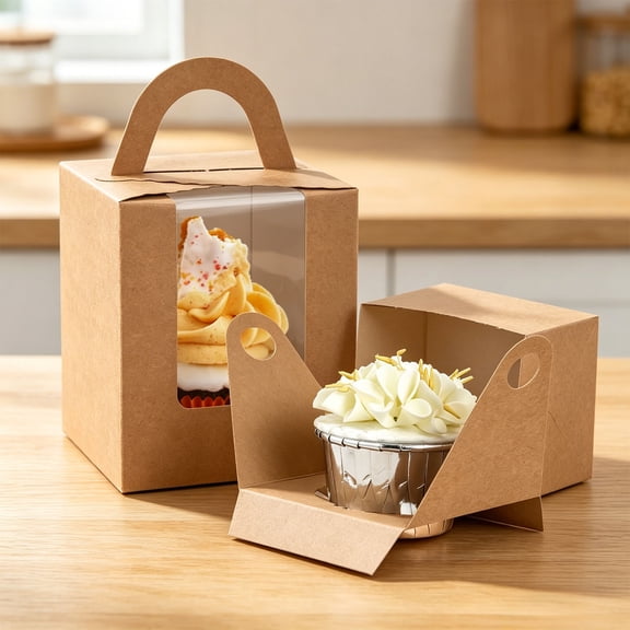 70 Pack Kraft Single Cupcake Boxes with Carry Handle & Clear Window, 3.7x3.7x4.3in Foldable Inserts, Portable Individual Containers for Parties, Caf Takeout and Bake Sale Favors