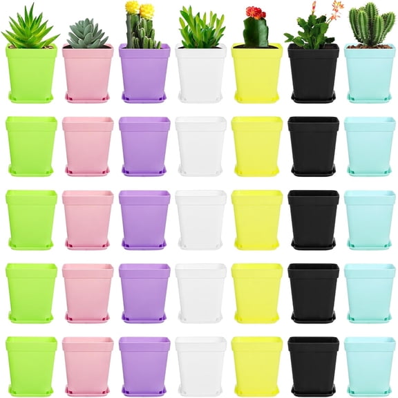 70 Pack Mini Plastic Flower Seedling Nursery Pot with Pallet, 3" Colorful Square Plant Pot, Indoor Outdoor Flower Plant Container, Decor for Room, Garden, Office and Balcony (7 Colors)