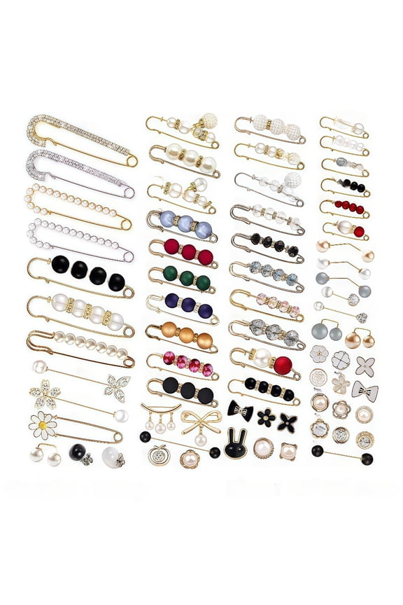 70 Pack Women's Fashion Safety Pins for Clothes - Double Faux Pearl Brooches, Waist Tightener Pins for Pants/Dresses, Anti-Gap Shirt & Cardigan Cover Buttons, Prevent Wardrobe Malfunction