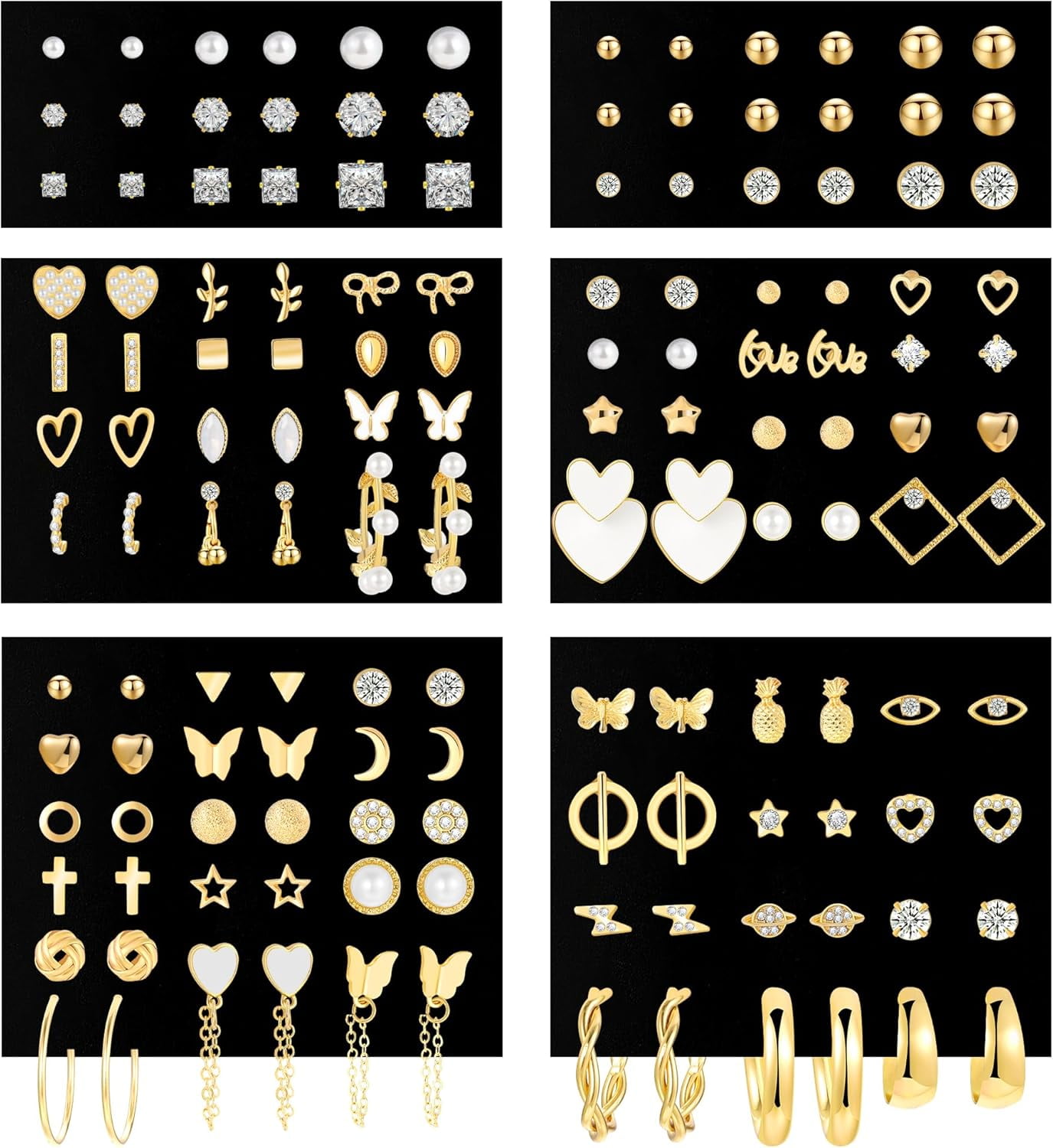 PANJIUO 70 Pairs Top Gold Stud Earrings Set suitable for Women Multipack, Trendy Hypoallergenic Pearl Cubic Zirconia Multiple Piercings Earrings Packs, Chunky Hoops Earrings for Gift Jewelry[h587]