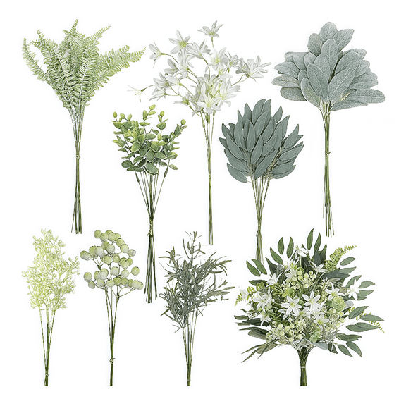 70 Pcs Artificial Greenery Stems & Fake Flowers Set - 8 Assorted Varieties for Wedding Centerpieces, Bouquets, Table Arrangements | Sage Green & White | DIY Floral Decor
