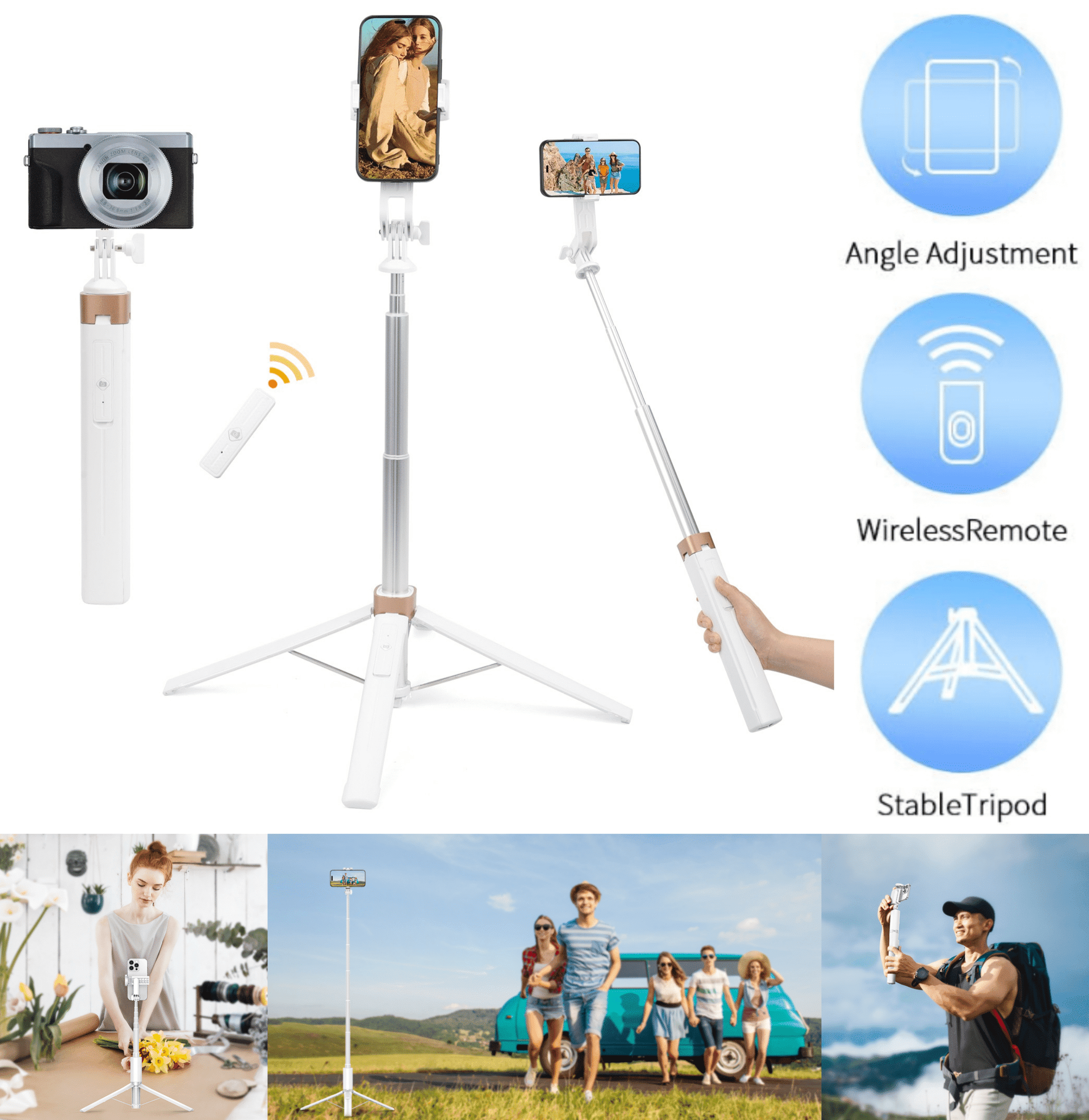 70" Phone Tripod, Extendable Selfie Stick Tripod with Bluetooth Remote, All-in-One Aluminum Phone Tripod Stand for GoPro, 4.7"-7" iPhone and Android Smartphones