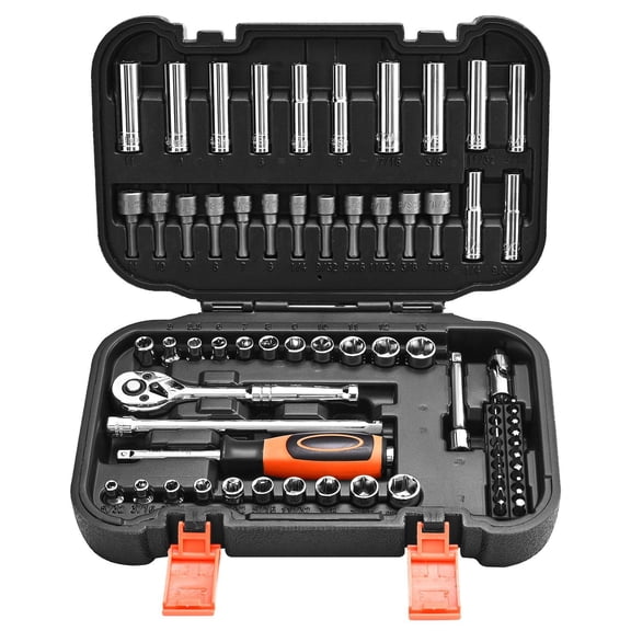 70 Piece 1/4 Inch Drive Socket and Ratchet Set SAE Metric Deep Shallow Sockets Mechanic Tool Kit with Bits Accessories Storage Case CRV Alloy Steel for Automotive Repair
