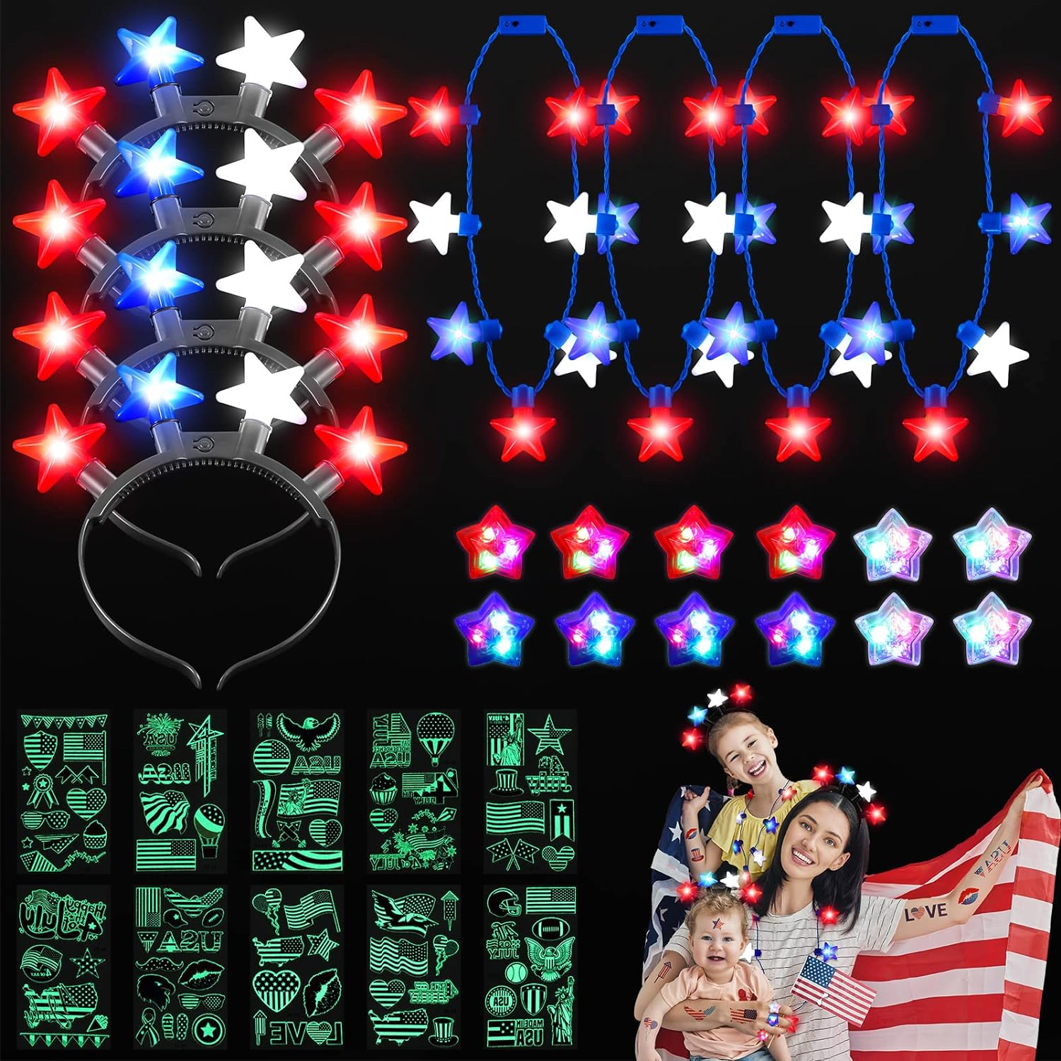 70Piece 4th of July Light Up Party Accessories Kit Glowing Necklaces