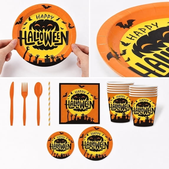 70 Piece Halloween Party Supplies, Halloween Party Plates Cups Napkins Plastic Cutlery Set, Spooky Halloween Decor for Halloween Party Table Decorations