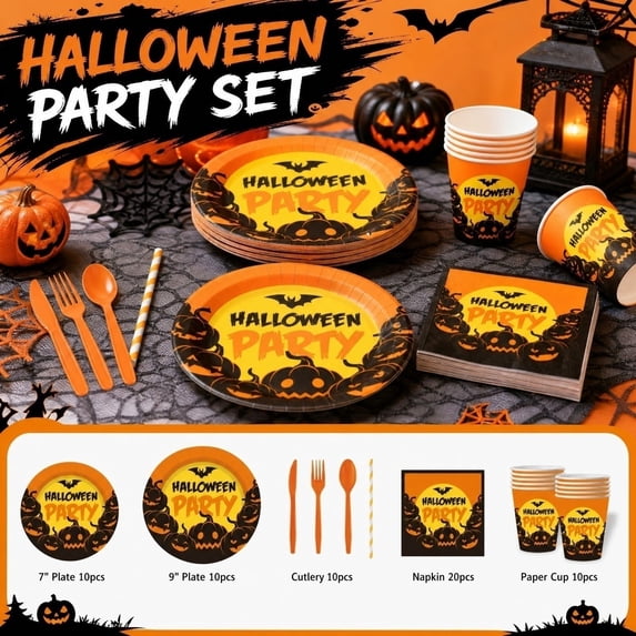 70 Piece Halloween Party Supplies, Halloween Party Plates and Napkins Cups Straws Plastic Cutlery Set, Spooky Halloween Table Decor for Holiday Party Events, 70 Count