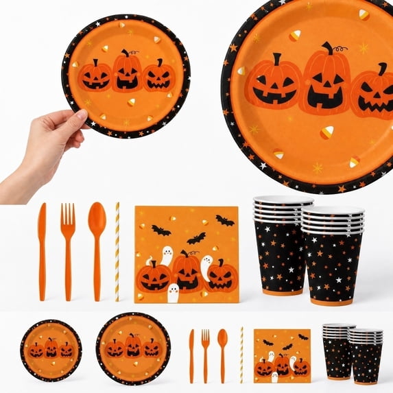 70 Piece Halloween Party Supplies, Halloween Plates and Napkins Set with Halloween Party Cups, Straws, Plastic Cutlery for Spooky Halloween Decor, Halloween Table Decor for Home