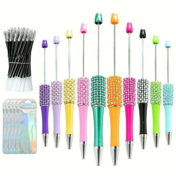 70 Pieces Multicolor Petal Glitter Beadable 50 Pen Refills 10 Pen Bags Ballpoint Pens Retractable Diamond Bead Pen Plastic DIY Bling Pens Cool Shaft Beaded Pen Black Ink for DIY Making Party Office
