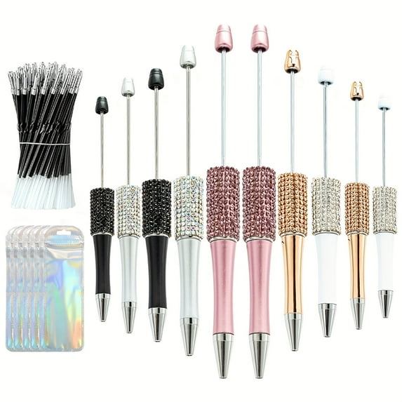 70 Pieces Multicolor Petal Glitter Beadable 50 Pen Refills 10 Pen Bags Ballpoint Pens Retractable Diamond Bead Pen Plastic DIY Bling Pens Cool Shaft Beaded Pen Black Ink for DIY Making Party Office