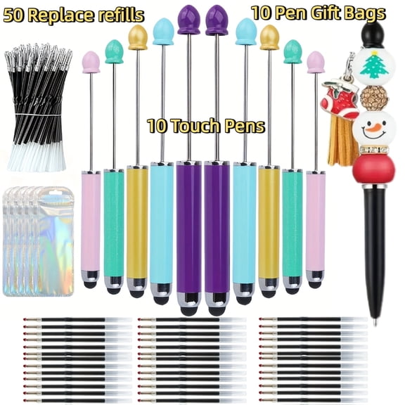 10set Multicolor Touch Pen Beadable 50 Pen Refills 10 Pen Bags Ballpoint Pens Retractable Diamond Bead Pen Plastic DIY Bling Pens Cool Shaft Beaded Pen Black Ink for DIY Making Party Office