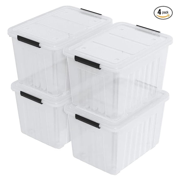 70 Quart Clear Storage Bin with Wheels, Large Plastic Lidded Container Box, 4 Packs
