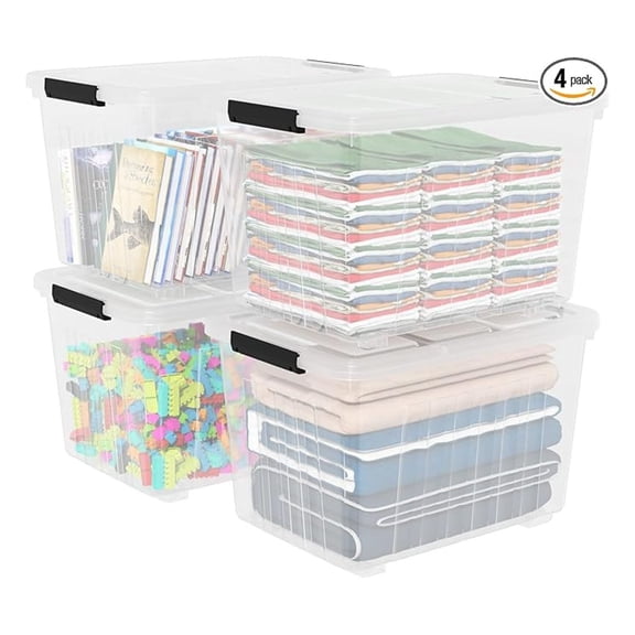 70 Quart Large Clear Storage Bin, Plastic Storage Box on Wheels, 4 Packs