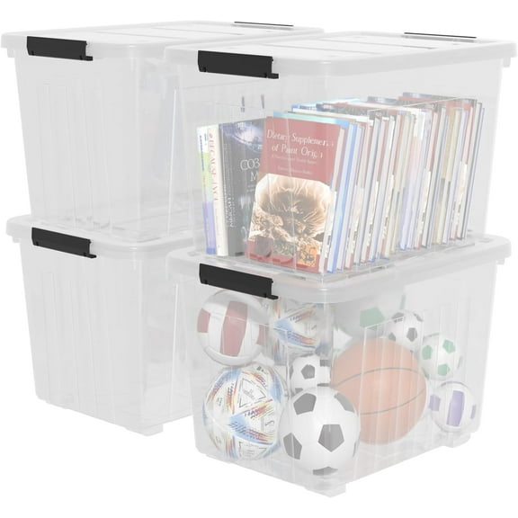 70 Quart Large Plastic Storage Box, Clear Latching Bin with Lid and Wheels, 4 Packs