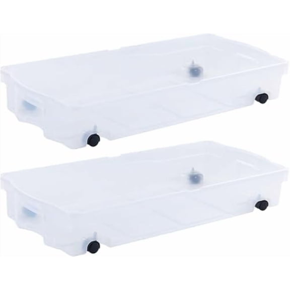 70 Quart Under the Bed Low Profile Storage Boxes with Dual Hinged Lids and Easy Rolling Caster Wheels, Clear, 2 Pack