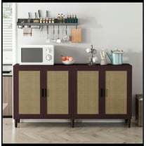 70" Rattan Buffet Cabinet with Storage, 4-Door Sideboard Buffet Cabinet with Adjustable Shelves for Kitchen, Living Room and Dining Room, Easy Assembly