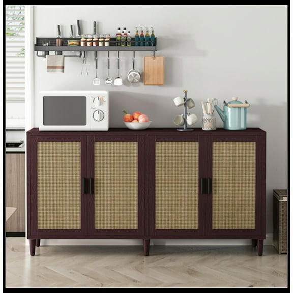 70" Rattan Buffet Cabinet with Storage, 4-Door Sideboard Buffet Cabinet with Adjustable Shelves for Kitchen, Living Room and Dining Room, Easy Assembly