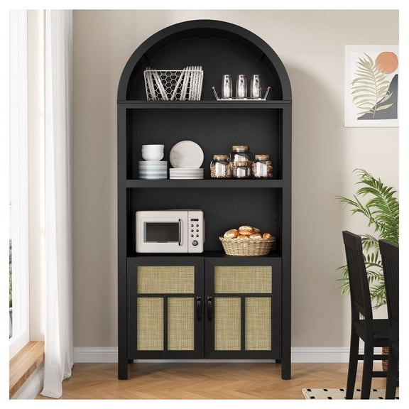 70'' Rattan Storage Cabinet, Boho Arch Sideboard Buffet, Tall Pantry Organizer for Kitchen, Living Room, Office, Black