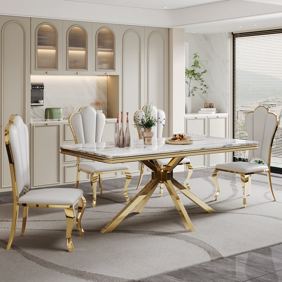 70" Rectangular Dining Table for 6 People, Modern Faux Marble Kitchen Table with Stainless Steel Legs, Dining Table for Dining Room, Living Room