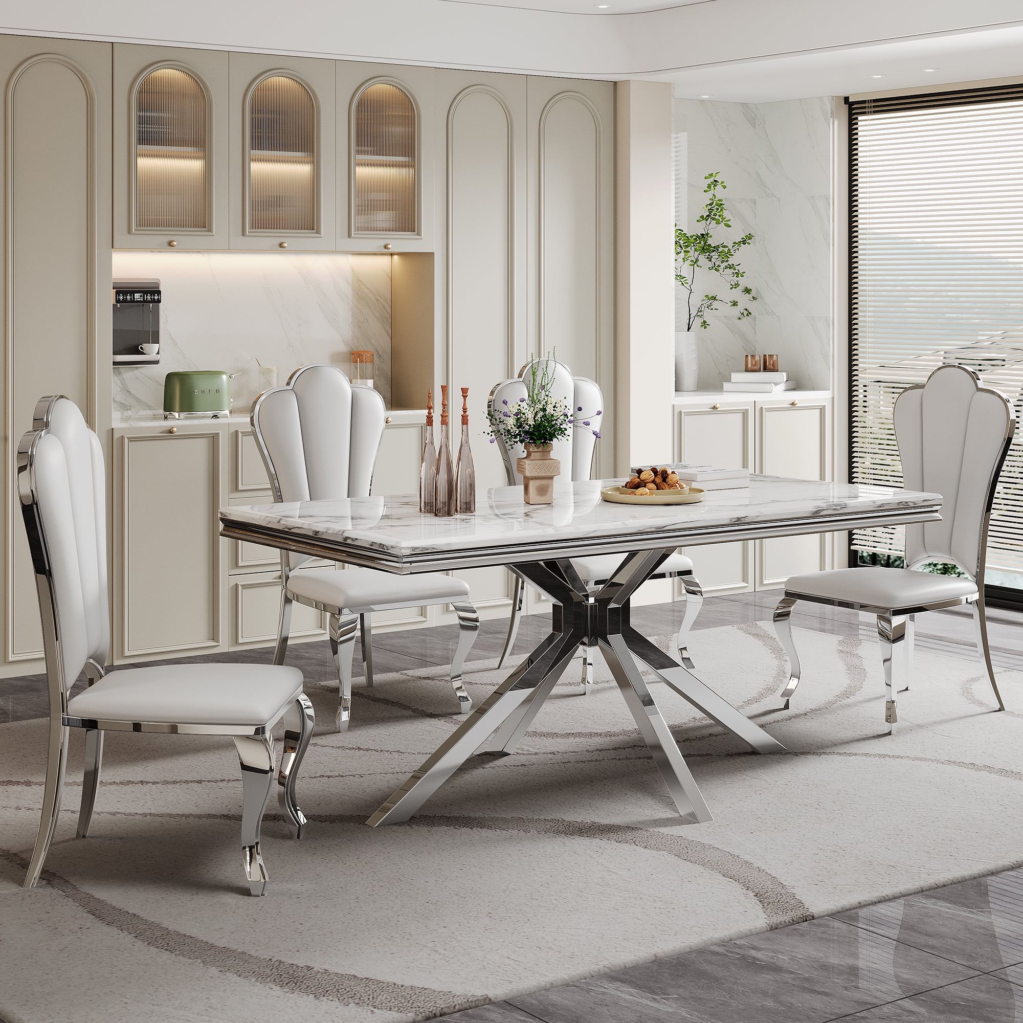 70" Rectangular Dining Table for 6 People, Modern Faux Marble Kitchen Table with Stainless Steel Legs, Dining Table for Dining Room, Living Room