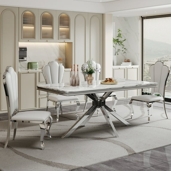 70" Rectangular Dining Table for 6 People, Modern Faux Marble Kitchen Table with Stainless Steel Legs, Dining Table for Dining Room, Living Room