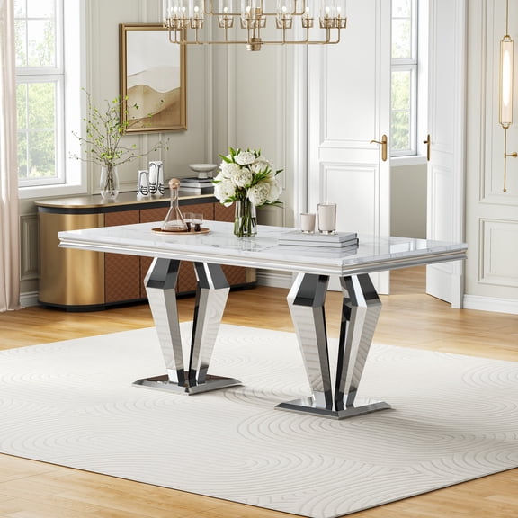 70" Rectangular Faux Marble Dining Table, Diamond-Design Stainless Steel Pedestal and Marble-Style Top, for Dining Room or Office