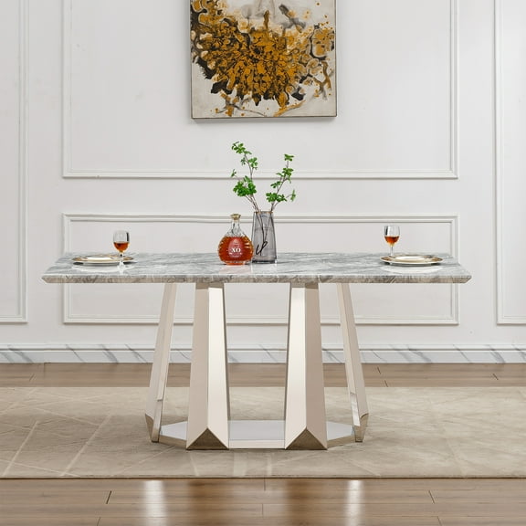 70" Rectangular Faux Marble Dining Table (Only Table), 6 Seats, Mirrored Finish Stainless Steel Base, Modern Large Kitchen Table, Silver/Gray