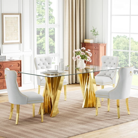 70" Rectangular Glass Dining Table for 6, Clear Tempered Glass Top & Mirror Finish Flash-Shaped Irregular Stainless Steel Base for Dining Room, Home Office, Meeting, Only Table.