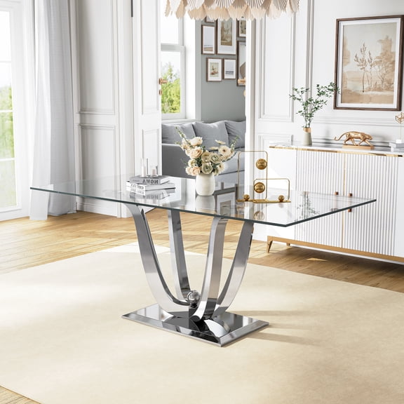 70" Rectangular Glass Dining Table for 6 People, Modern Clear Tempered Glass Kitchen Table with U-Shape Stainless Steel Base, Dining Table for Dining Room or Living Room