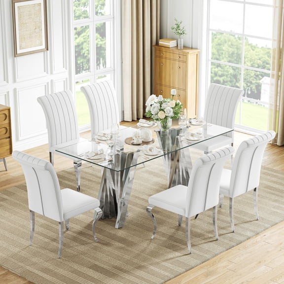 Glass Dining Table Set of 7, 70“ Tempered Glass Top with Twisted X-Shaped Stainless Steel Base, 6 PU Leather Cushioned Chairs, for Kitchen & Office