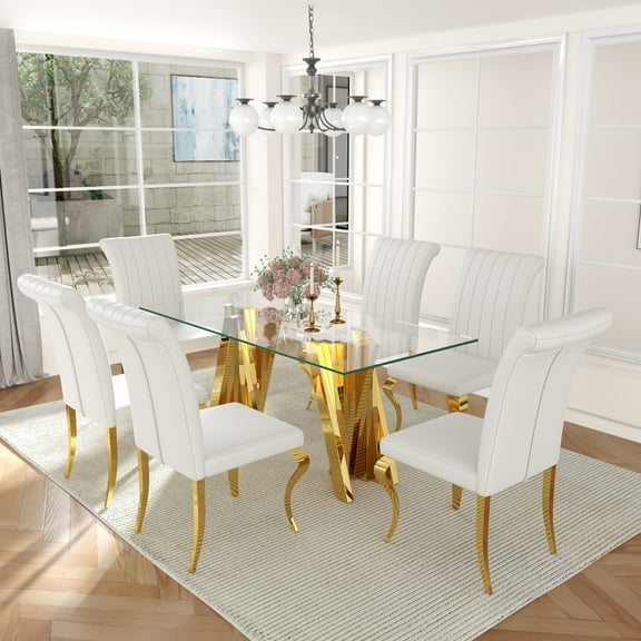 70" Rectangular Glass Dining Table Set for 6, Polished Stainless Steel Irregular Base and PU Leather Upholstered Chairs for Kitchen, Living Room, Office