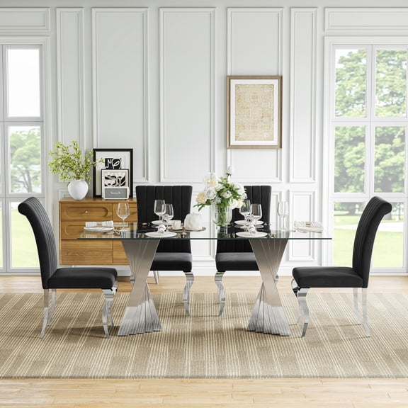 Glass Dining Table Set of 5, 70” Tempered Glass Top with Twisted X-Shaped Stainless Steel Base, 4 Velvet Cushioned Chairs, for Kitchen & Office