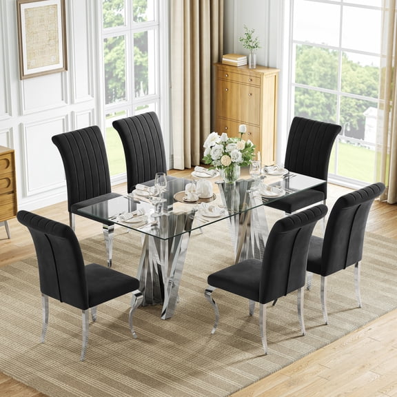 Glass Dining Table Set of 7, 70” Tempered Glass Top with Twisted X-Shaped Stainless Steel Base, 6 Velvet Cushioned Chairs, for Kitchen & Office