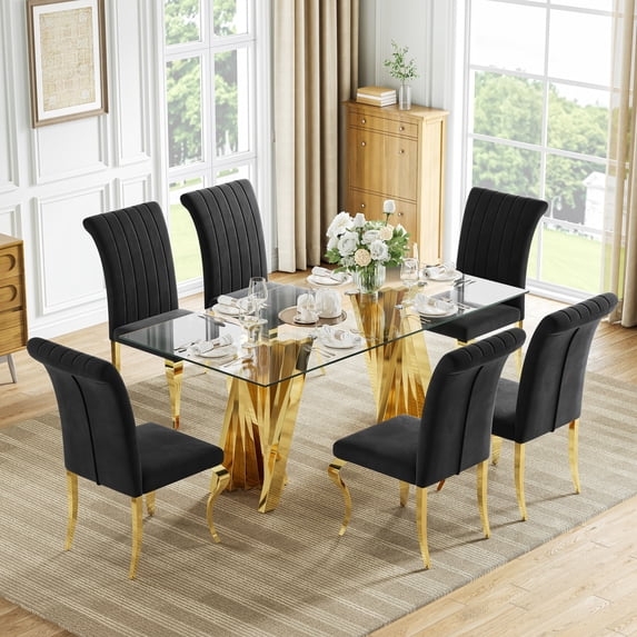 Glass Dining Table Set of 7, 70” Tempered Glass Top with Twisted X-Shaped Stainless Steel Base, 6 Velvet Cushioned Chairs, for Kitchen & Office