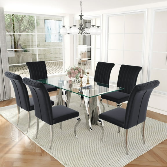 70" Rectangular Glass Dining Table Set for 6, Polished Stainless Steel Irregular Base and Velvet Upholstered Chairs for Kitchen, Living Room, Office