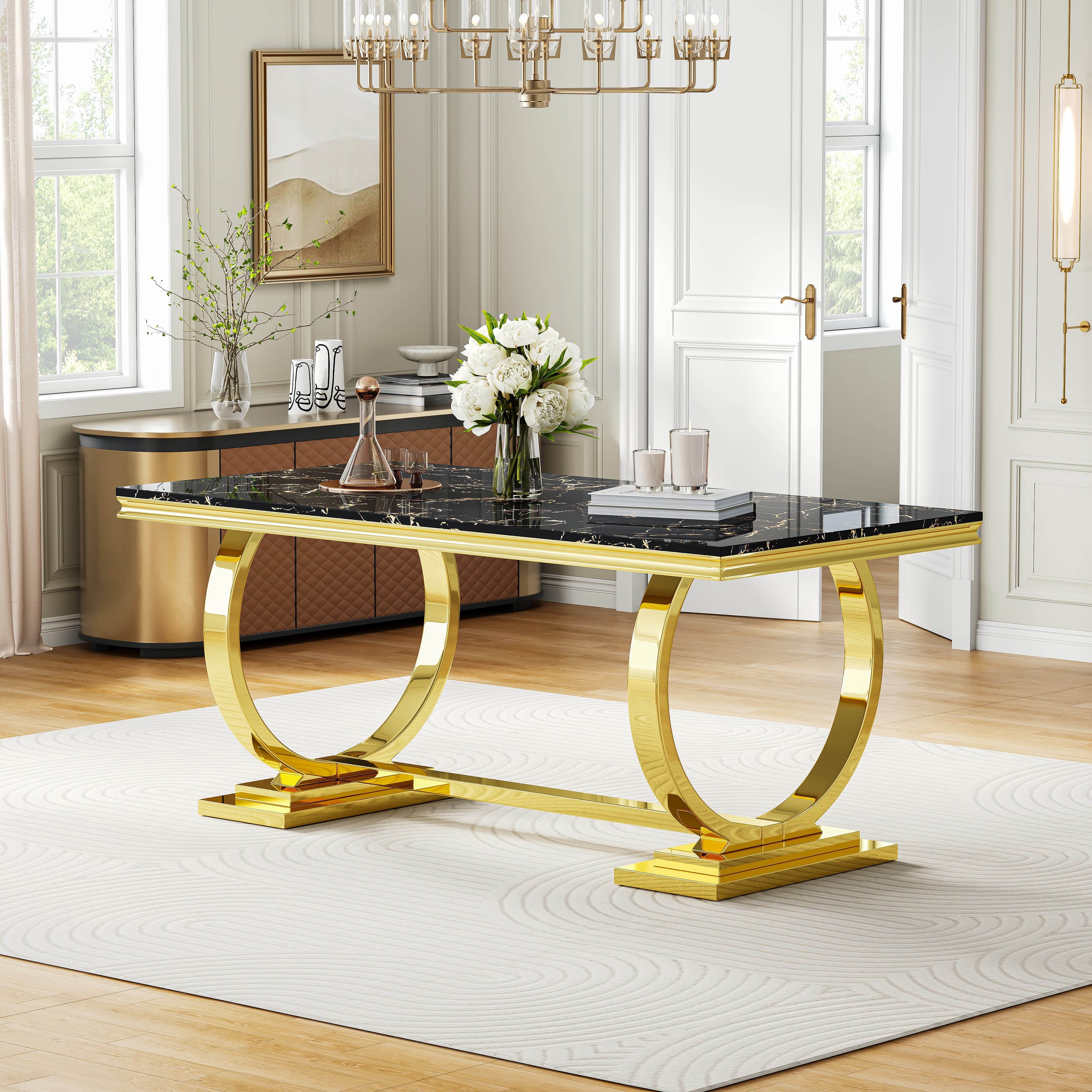 70" Rectangular Marble Dining Table, Polished Stainless Steel O-Shaped Base and Faux Marble Top for Dining Room or Kitchen